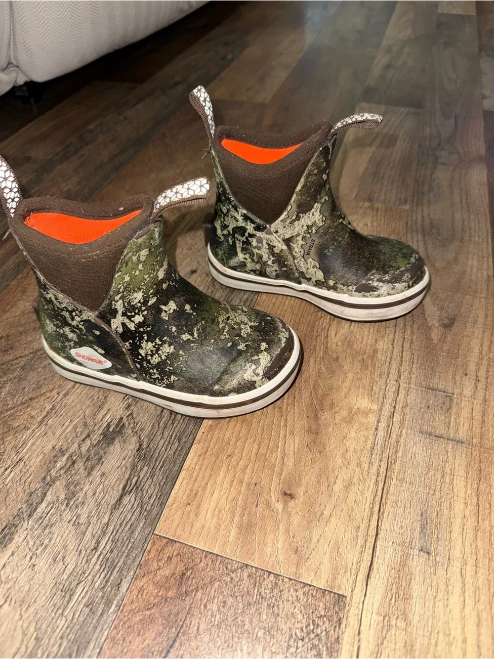 Kids Mossy Camo Rain Boots with Orange Lining